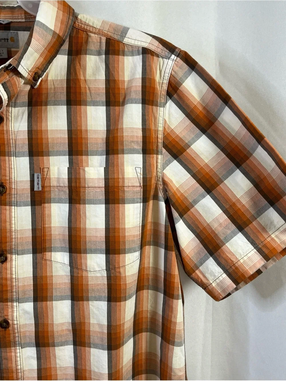 Carhartt Men's Relaxed Fit Button Down Plaid Shirt Pocket orange brown Large